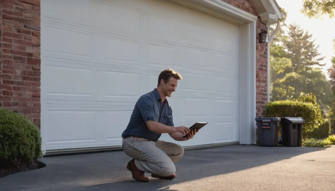 A friendly garage door provider checking a residential garage door in Alexandria